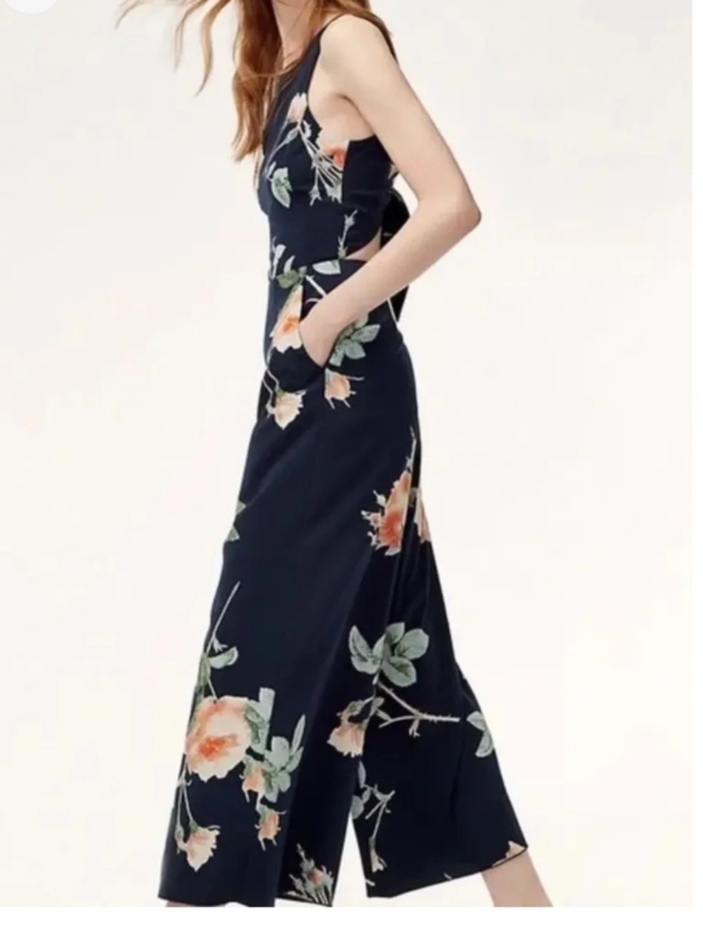 Aritzia Wilfred Floral Navy Wide-Leg Jumpsuit